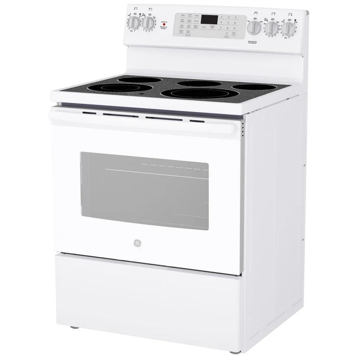 GE JCB840DVWW Electric Range, 5 cu. ft. Capacity, 30 inch Exterior Width, Convection, 5 Burners, Storage Drawer, Air Fry, Self Clean, 3,000 Watts Highest Burner Element, White colour True European Convection