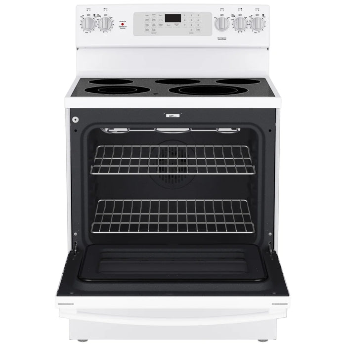 GE JCB840DVWW Electric Range, 5 cu. ft. Capacity, 30 inch Exterior Width, Convection, 5 Burners, Storage Drawer, Air Fry, Self Clean, 3,000 Watts Highest Burner Element, White colour True European Convection