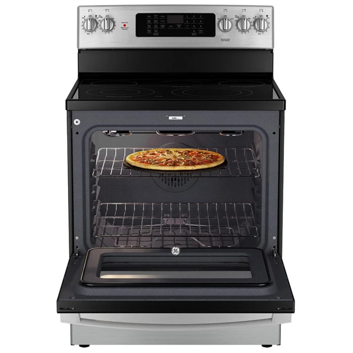 GE JCB840STSS Electric Range, 5 cu. ft. Capacity, 30 inch Exterior Width, Convection, 5 Burners, Storage Drawer, Air Fry, Self Clean, 3,000 Watts Highest Burner Element, Silver colour True European Convection