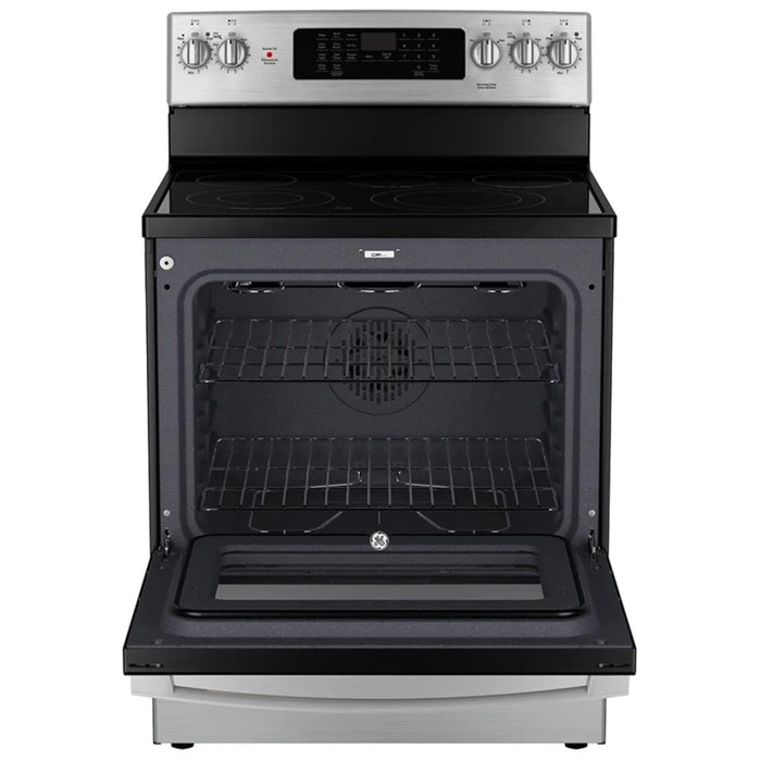 GE JCB840STSS Electric Range, 5 cu. ft. Capacity, 30 inch Exterior Width, Convection, 5 Burners, Storage Drawer, Air Fry, Self Clean, 3,000 Watts Highest Burner Element, Silver colour True European Convection