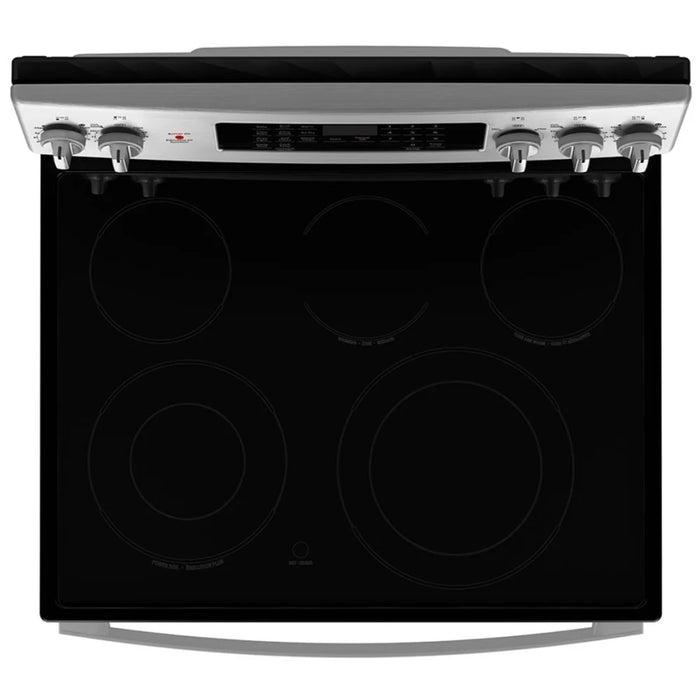 GE JCB840STSS Electric Range, 5 cu. ft. Capacity, 30 inch Exterior Width, Convection, 5 Burners, Storage Drawer, Air Fry, Self Clean, 3,000 Watts Highest Burner Element, Silver colour True European Convection
