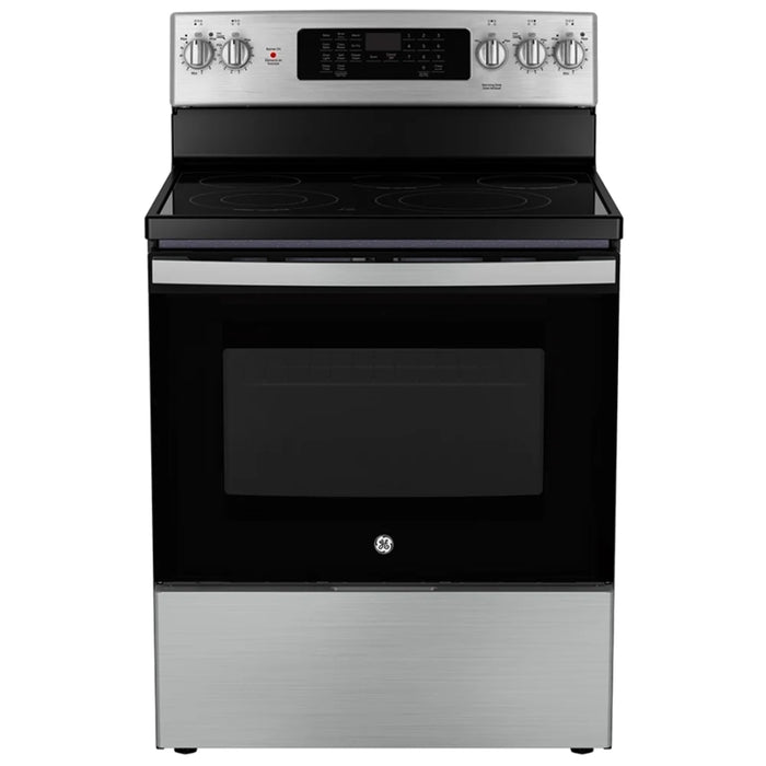 GE JCB840STSS Electric Range, 5 cu. ft. Capacity, 30 inch Exterior Width, Convection, 5 Burners, Storage Drawer, Air Fry, Self Clean, 3,000 Watts Highest Burner Element, Silver colour True European Convection