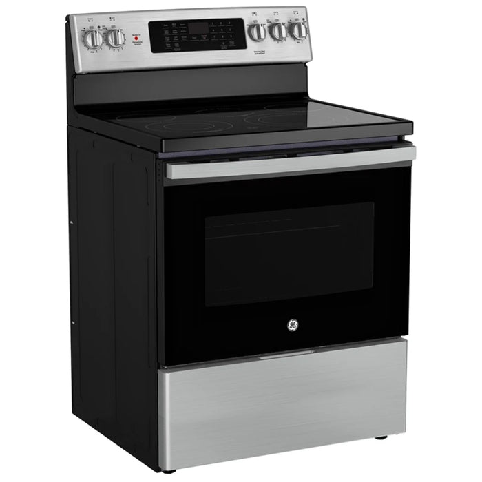 GE JCB840STSS Electric Range, 5 cu. ft. Capacity, 30 inch Exterior Width, Convection, 5 Burners, Storage Drawer, Air Fry, Self Clean, 3,000 Watts Highest Burner Element, Silver colour True European Convection