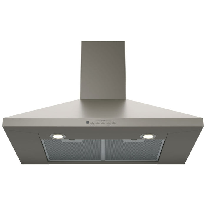 GE JVW5301EJESC Range Hood, 30 inch Exterior Width, Chimney, Wall Mounted, 350 CFM, Outside / Ducting, Halogen , Dishwasher Safe Filters, Aluminum Mesh, Slate colour Blower Included