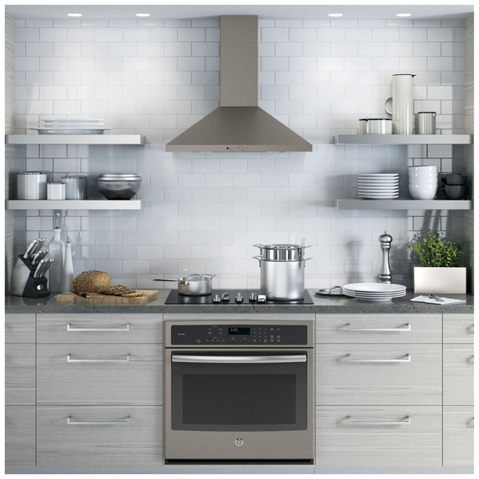 GE JVW5301EJESC Range Hood, 30 inch Exterior Width, Chimney, Wall Mounted, 350 CFM, Outside / Ducting, Halogen , Dishwasher Safe Filters, Aluminum Mesh, Slate colour Blower Included