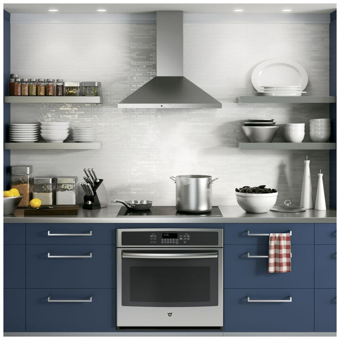 GE JVW5301SJSSC Range Hood, 30 inch Exterior Width, Chimney, Wall Mounted, 350 CFM, Outside / Ducting, Halogen , Dishwasher Safe Filters, Aluminum Mesh, Stainless Steel colour Blower Included