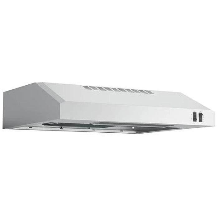 GE JVX3240SJSSC Range Hood, 24 inch Exterior Width, Under-Cabinet, Under-Cabinet, 200 CFM, Outside / Ducting, Incandescent, Dishwasher Safe Filters, Aluminum Mesh, Stainless Steel colour Blower Included