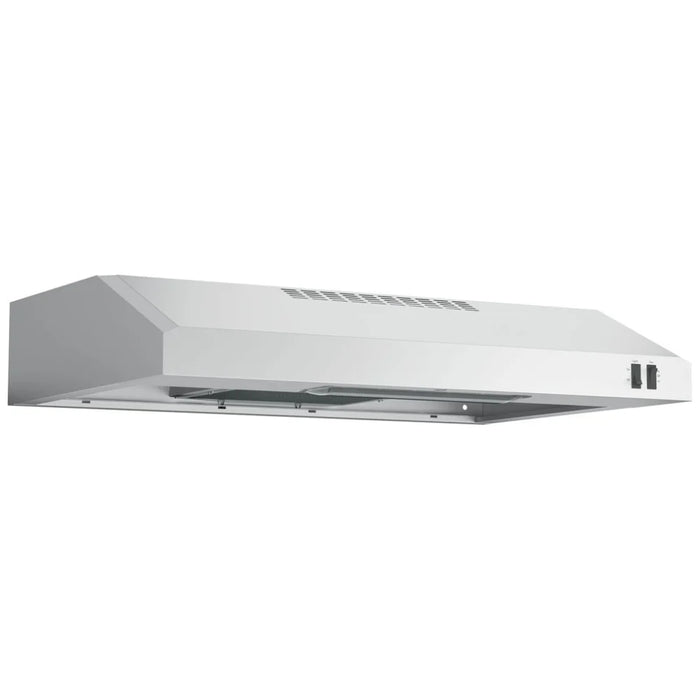 GE JVX3300SJSSC Range Hood, 30 inch Exterior Width, Under-Cabinet, Under-Cabinet, 200 CFM, Outside / Ducting, Halogen , Dishwasher Safe Filters, Aluminum Mesh, Stainless Steel colour Blower Included