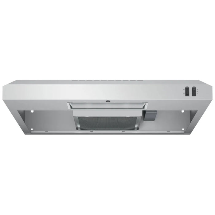GE JVX3300SJSSC Range Hood, 30 inch Exterior Width, Under-Cabinet, Under-Cabinet, 200 CFM, Outside / Ducting, Halogen , Dishwasher Safe Filters, Aluminum Mesh, Stainless Steel colour Blower Included