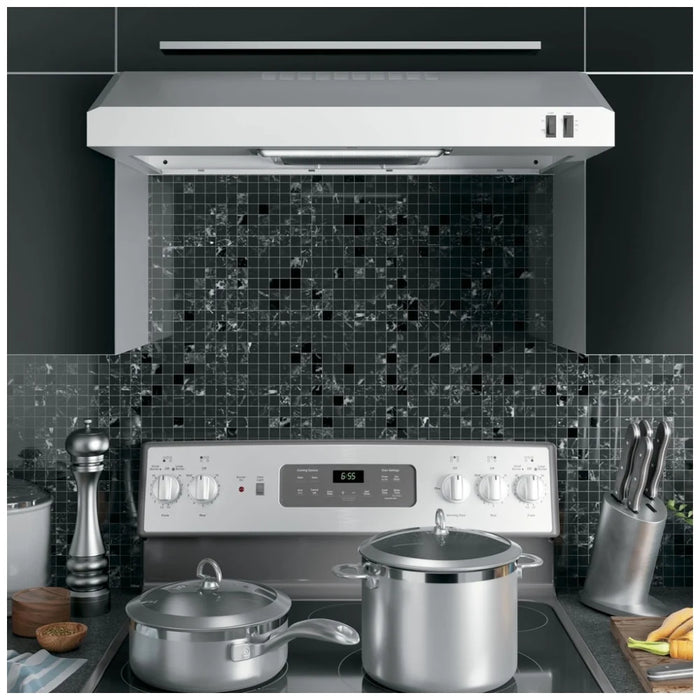 GE JVX3300SJSSC Range Hood, 30 inch Exterior Width, Under-Cabinet, Under-Cabinet, 200 CFM, Outside / Ducting, Halogen , Dishwasher Safe Filters, Aluminum Mesh, Stainless Steel colour Blower Included