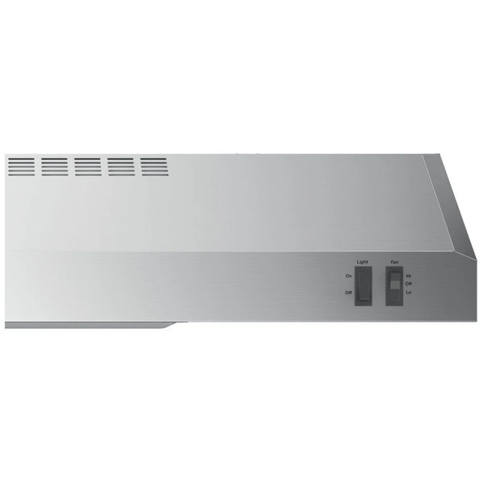 GE JVX3300SJSSC Range Hood, 30 inch Exterior Width, Under-Cabinet, Under-Cabinet, 200 CFM, Outside / Ducting, Halogen , Dishwasher Safe Filters, Aluminum Mesh, Stainless Steel colour Blower Included