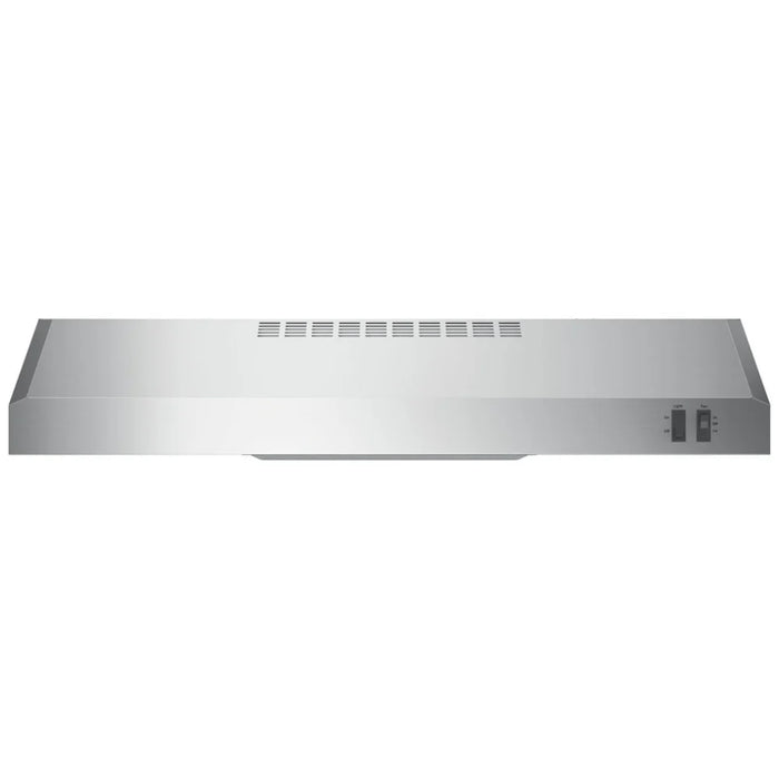 GE JVX3300SJSSC Range Hood, 30 inch Exterior Width, Under-Cabinet, Under-Cabinet, 200 CFM, Outside / Ducting, Halogen , Dishwasher Safe Filters, Aluminum Mesh, Stainless Steel colour Blower Included