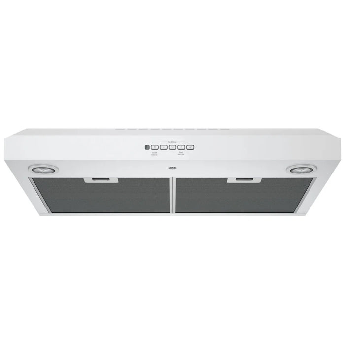 GE JVX5300DJWWC Range Hood, 30 inch Exterior Width, Under-Cabinet, Under-Cabinet, 310 CFM, Outside / Ducting, Halogen , Dishwasher Safe Filters, Aluminum Mesh, White colour Blower Included