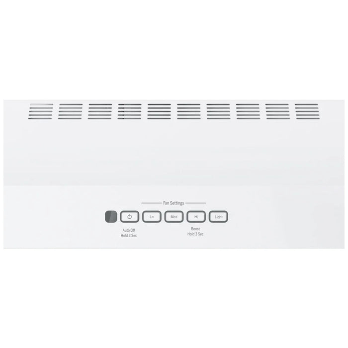 GE JVX5300DJWWC Range Hood, 30 inch Exterior Width, Under-Cabinet, Under-Cabinet, 310 CFM, Outside / Ducting, Halogen , Dishwasher Safe Filters, Aluminum Mesh, White colour Blower Included