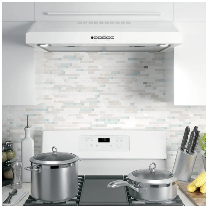 GE JVX5300DJWWC Range Hood, 30 inch Exterior Width, Under-Cabinet, Under-Cabinet, 310 CFM, Outside / Ducting, Halogen , Dishwasher Safe Filters, Aluminum Mesh, White colour Blower Included
