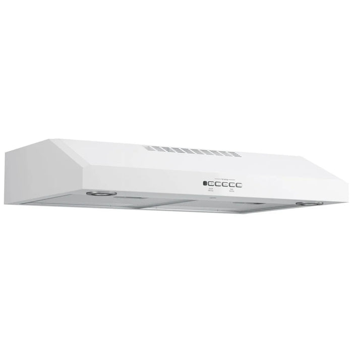 GE JVX5300DJWWC Range Hood, 30 inch Exterior Width, Under-Cabinet, Under-Cabinet, 310 CFM, Outside / Ducting, Halogen , Dishwasher Safe Filters, Aluminum Mesh, White colour Blower Included