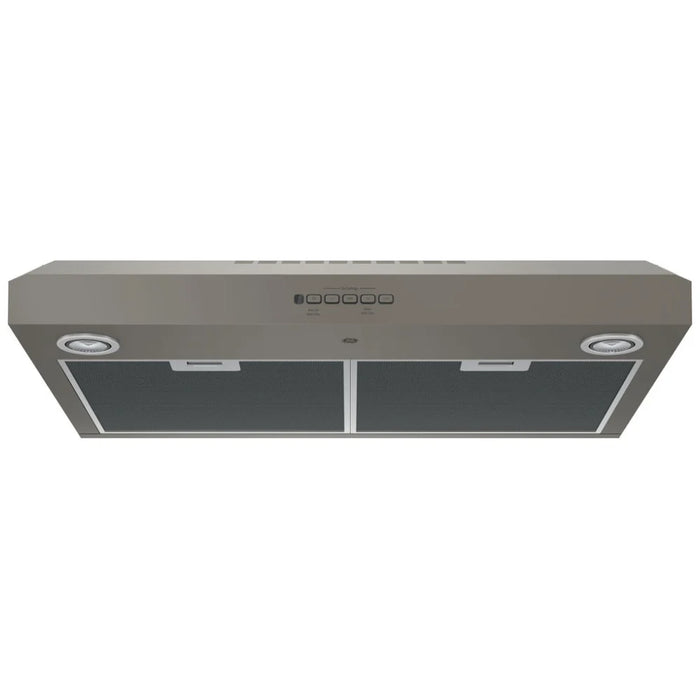 GE JVX5300EJESC Range Hood, 30 inch Exterior Width, Under-Cabinet, Under-Cabinet, 310 CFM, Outside / Ducting, Halogen , Dishwasher Safe Filters, Aluminum Mesh, Slate colour Blower Included