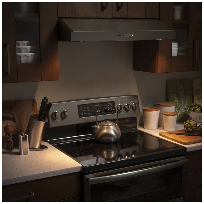 GE JVX5300EJESC Range Hood, 30 inch Exterior Width, Under-Cabinet, Under-Cabinet, 310 CFM, Outside / Ducting, Halogen , Dishwasher Safe Filters, Aluminum Mesh, Slate colour Blower Included