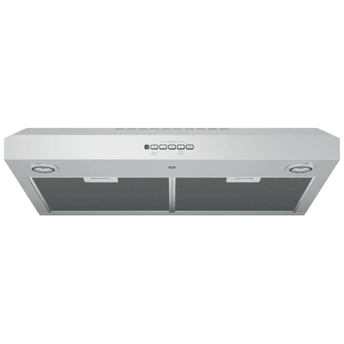 GE JVX5300SJSSC Range Hood, 30 inch Exterior Width, Under-Cabinet, Under-Cabinet, 310 CFM, Outside / Ducting, Halogen , Dishwasher Safe Filters, Aluminum Mesh, Stainless Steel colour Blower Included