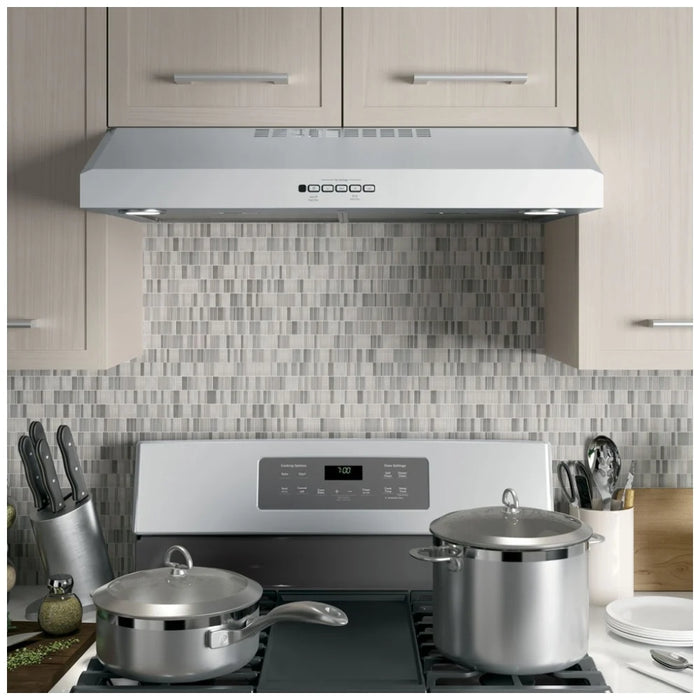 GE JVX5300SJSSC Range Hood, 30 inch Exterior Width, Under-Cabinet, Under-Cabinet, 310 CFM, Outside / Ducting, Halogen , Dishwasher Safe Filters, Aluminum Mesh, Stainless Steel colour Blower Included
