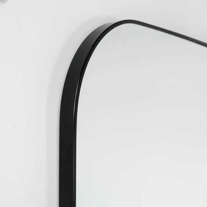 Black Metal Mantel Mirror, 36x34 inches in black finish.