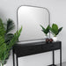 Black Metal Mantel Mirror in black finish, measuring 36x34 inches.