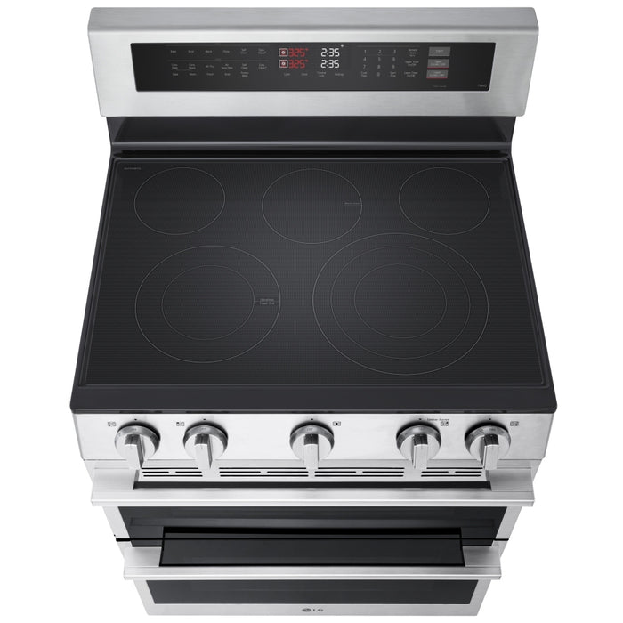 LG LDEL7324YE Electric Range, 7.3 cu. ft. Capacity, 30 inch Exterior Width, Convection, 5 Burners, & , Steam & Self Clean, Double Oven, 3,200 W Highest Element, Stainless Steel, EasyClean®, SmartDiagnosis™, SmoothTouch®, ThinQ Care™, ThinQ UP™