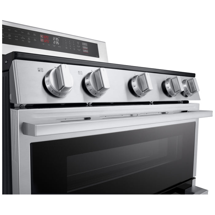 LG LDEL7324YE Electric Range, 7.3 cu. ft. Capacity, 30 inch Exterior Width, Convection, 5 Burners, & , Steam & Self Clean, Double Oven, 3,200 W Highest Element, Stainless Steel, EasyClean®, SmartDiagnosis™, SmoothTouch®, ThinQ Care™, ThinQ UP™