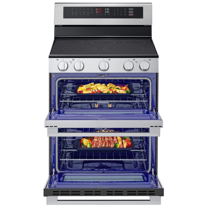 LG LDEL7324YE Electric Range, 7.3 cu. ft. Capacity, 30 inch Exterior Width, Convection, 5 Burners, & , Steam & Self Clean, Double Oven, 3,200 W Highest Element, Stainless Steel, EasyClean®, SmartDiagnosis™, SmoothTouch®, ThinQ Care™, ThinQ UP™