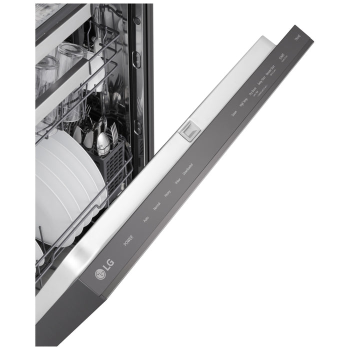 LG LDNPQ555D Dishwasher, 24 inch Exterior Width, 46 dB Decibel Level, Fully Integrated, Stainless Interior, 5 Wash Cycles, 16 Capacity (Place Settings), Hard Food Disposal, 3 Loading Racks, Wifi Enabled, Black Stainless Steel colour