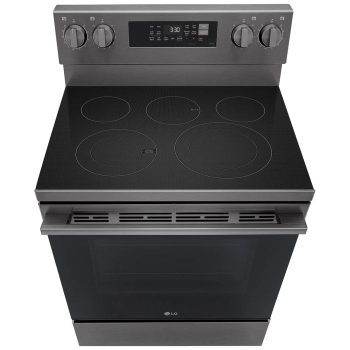 LG LREN6323ZE Electric Range, 6.3 cu. ft. Capacity, 30 inch Exterior Width, Convection, 5 Burners, Storage Drawer, Air Fry, Self Clean, 3,200 W Highest Element, Black Stainless Stee