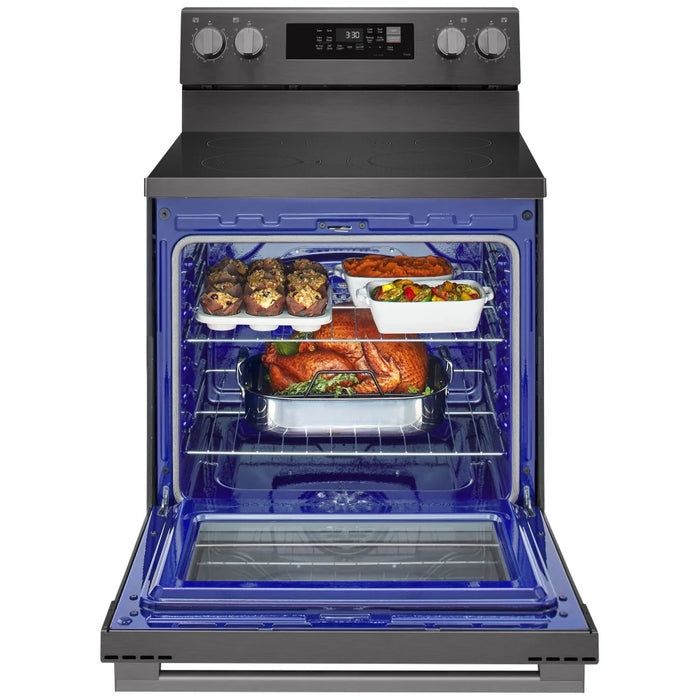 LG LREN6323ZE Electric Range, 6.3 cu. ft. Capacity, 30 inch Exterior Width, Convection, 5 Burners, Storage Drawer, Air Fry, Self Clean, 3,200 W Highest Element, Black Stainless Stee