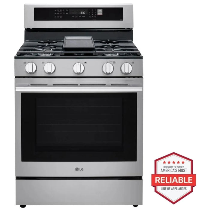 LG LRGN6325X Gas Range, 6.3 cu. ft. Capacity, 30 inch Exterior Width, Self Clean, Convection, 5 Burners, Storage Drawer, Air Fry, 20,000 BTU Highest Burner, Stainless Steel