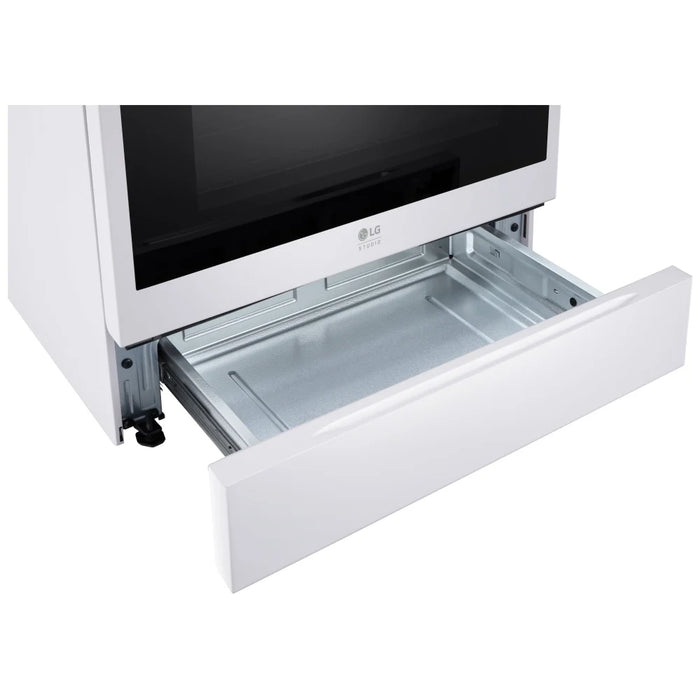 LG Studio LSIS6338NE Induction Range, 6.3 cu. ft. Capacity, 30 inch Exterior Width, True Convection, 5 Burners, Storage Drawer, & , Steam & Self Clean, 4,300 W Highest Element, Essence White colour