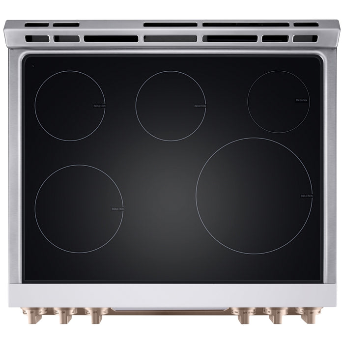 LG Studio LSIS6338NE Induction Range, 6.3 cu. ft. Capacity, 30 inch Exterior Width, True Convection, 5 Burners, Storage Drawer, & , Steam & Self Clean, 4,300 W Highest Element, Essence White colour