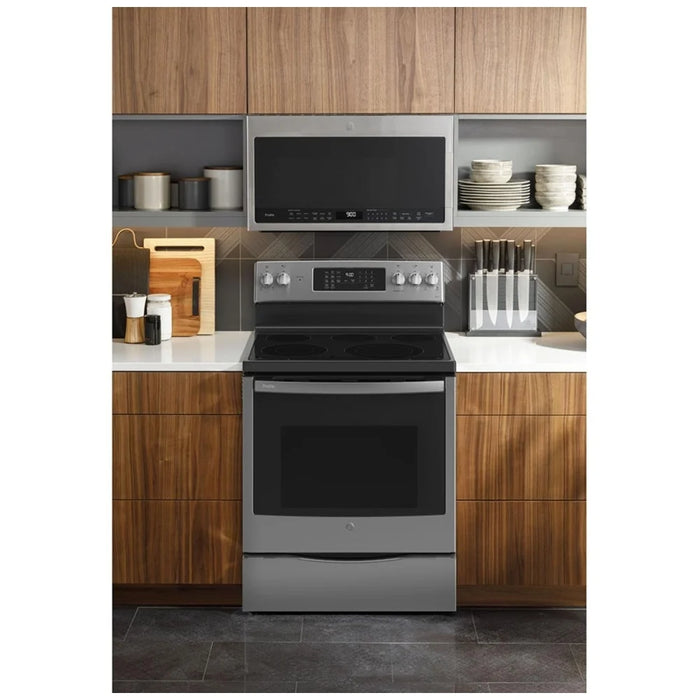GE Profile PCB900YVFS Electric Range, 6.2 cu. ft. Capacity, 30 inch Exterior Width, True Convection, 5 Burners, Storage Drawer, Air Fry, Self Clean, 3,000 Watts Highest Burner Element, S colour