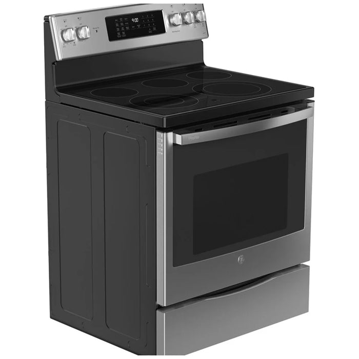 GE Profile PCB900YVFS Electric Range, 6.2 cu. ft. Capacity, 30 inch Exterior Width, True Convection, 5 Burners, Storage Drawer, Air Fry, Self Clean, 3,000 Watts Highest Burner Element, S colour