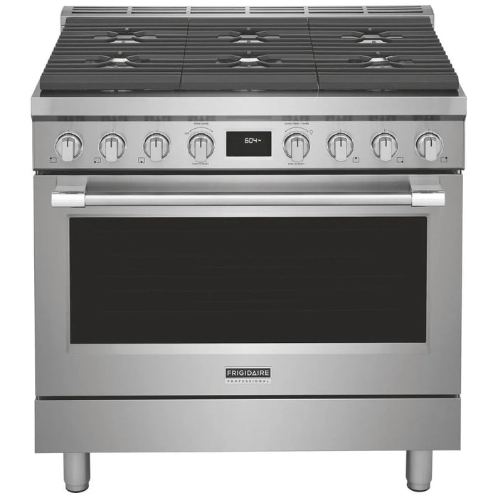 Frigidaire Professional PCFD3670AF Dual Fuel Range, 36 inch Exterior Width, Convection, 6 Burners, 4.4 cu. ft. Capacity, 1 Ovens, Stainless Steel colour Temperature Probe, Telescopic Gliding Extension Rack, Illuminated Knobs, Soft Close Door, True European Convection
