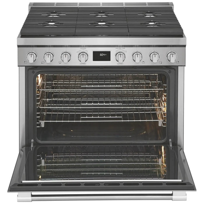 Frigidaire Professional PCFD3670AF Dual Fuel Range, 36 inch Exterior Width, Convection, 6 Burners, 4.4 cu. ft. Capacity, 1 Ovens, Stainless Steel colour Temperature Probe, Telescopic Gliding Extension Rack, Illuminated Knobs, Soft Close Door, True European Convection
