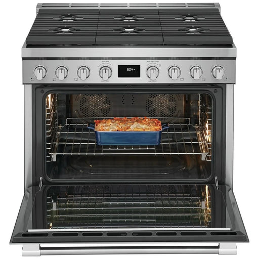 Frigidaire Professional PCFD3670AF Dual Fuel Range, 36 inch Exterior Width, Convection, 6 Burners, 4.4 cu. ft. Capacity, 1 Ovens, Stainless Steel colour Temperature Probe, Telescopic Gliding Extension Rack, Illuminated Knobs, Soft Close Door, True European Convection
