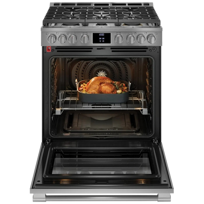 Frigidaire Professional PCFG3080AF Gas Range, 30 inch Exterior Width, Self Clean, Convection, 6 Burners, 6.0 cu. ft. Capacity, Air Fry, 1 Ovens, Stainless Steel colour Air Sous Vide, Telescopic Gliding Extension Rack, Temperature Probe, Griddle, True European Convection
