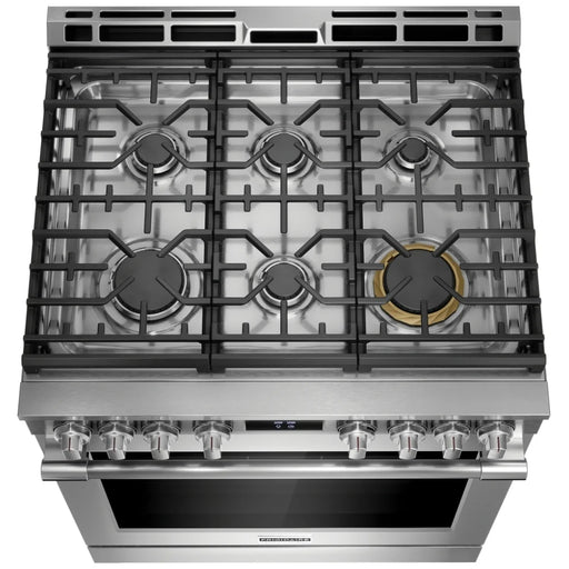 Frigidaire Professional PCFG3080AF Gas Range, 30 inch Exterior Width, Self Clean, Convection, 6 Burners, 6.0 cu. ft. Capacity, Air Fry, 1 Ovens, Stainless Steel colour Air Sous Vide, Telescopic Gliding Extension Rack, Temperature Probe, Griddle, True European Convection
