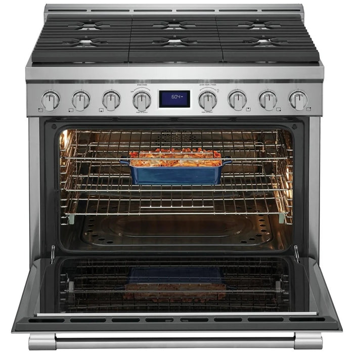 Frigidaire Professional PCFG3670AF Gas Range, 36 inch Exterior Width, Self Clean, Convection, 6 Burners, 4.4 cu. ft. Capacity, 1 Ovens, Stainless Steel colour True European Convection, Soft Close Door, Telescopic Gliding Extension Rack, Temperature Probe