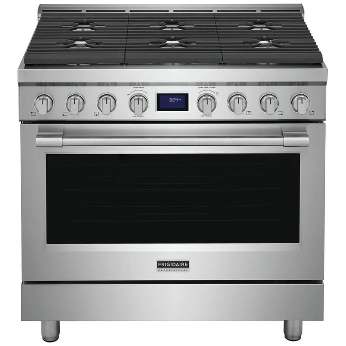 Frigidaire Professional PCFG3670AF Gas Range, 36 inch Exterior Width, Self Clean, Convection, 6 Burners, 4.4 cu. ft. Capacity, 1 Ovens, Stainless Steel colour True European Convection, Soft Close Door, Telescopic Gliding Extension Rack, Temperature Probe