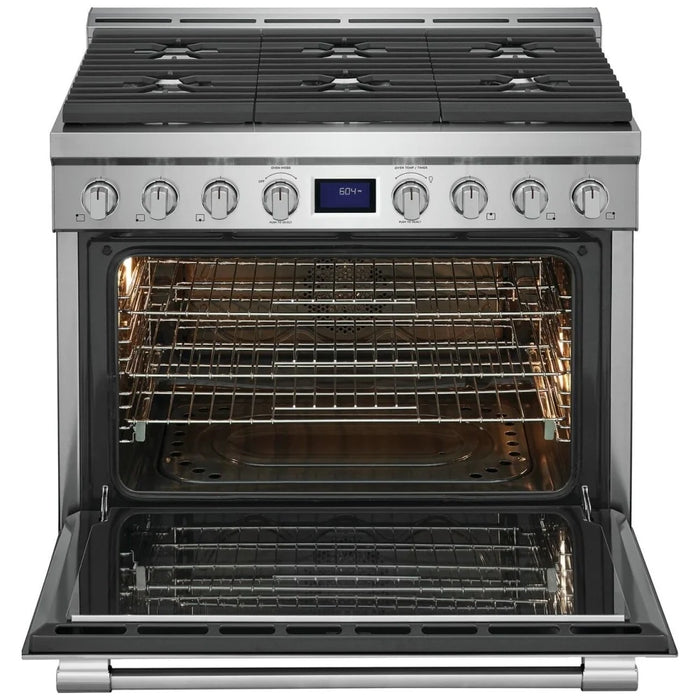 Frigidaire Professional PCFG3670AF Gas Range, 36 inch Exterior Width, Self Clean, Convection, 6 Burners, 4.4 cu. ft. Capacity, 1 Ovens, Stainless Steel colour True European Convection, Soft Close Door, Telescopic Gliding Extension Rack, Temperature Probe