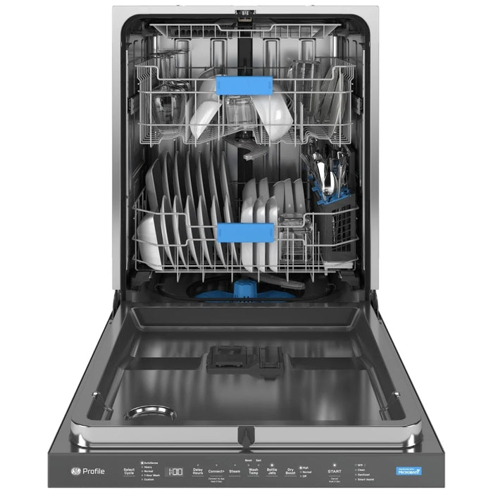 GE Profile PDP715SYVFS Dishwasher, 24 inch Exterior Width, 44 dB Decibel Level, Fully Integrated, Stainless Steel, 6 Wash Cycles, 16 Capacity (Place Settings), Wifi Enabled, Stainless Steel, Dry Boost, Steam+Sani, and Microban Antimicrobial Technology
