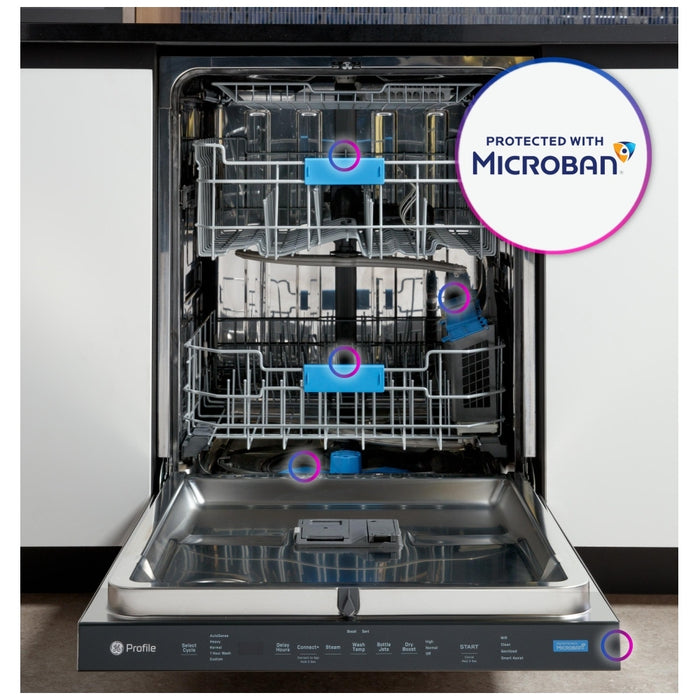 GE Profile PDP715SYVFS Dishwasher, 24 inch Exterior Width, 44 dB Decibel Level, Fully Integrated, Stainless Steel, 6 Wash Cycles, 16 Capacity (Place Settings), Wifi Enabled, Stainless Steel, Dry Boost, Steam+Sani, and Microban Antimicrobial Technology