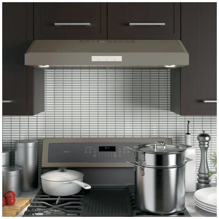 GE Profile PVX7300EJESC Range Hood, 30 inch Exterior Width, Under-Cabinet, Under-Cabinet, 390 CFM, Outside / Ducting, LED, Dishwasher Safe Filters, Aluminum Mesh, Slate colour Blower Included