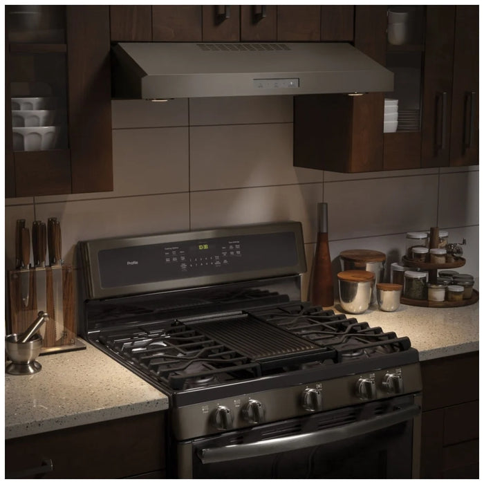 GE Profile PVX7300EJESC Range Hood, 30 inch Exterior Width, Under-Cabinet, Under-Cabinet, 390 CFM, Outside / Ducting, LED, Dishwasher Safe Filters, Aluminum Mesh, Slate colour Blower Included