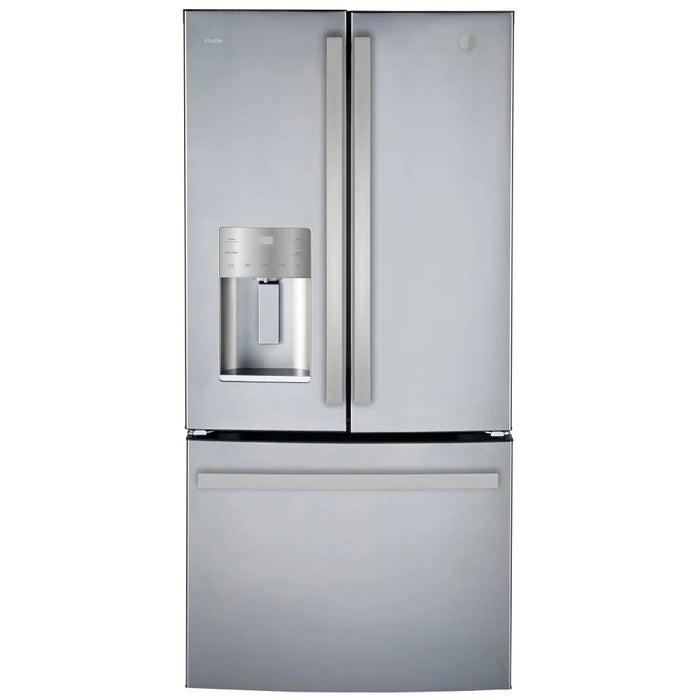 GE Profile PYE18HYRCFS Bottom Freezer French Door Refrigerator, 33 inch Width, 17.5 cu. ft. Capacity, Counter Depth, Water Dispenser (Exterior), Ice Dispenser (Thru Door), Stainless Steel colour